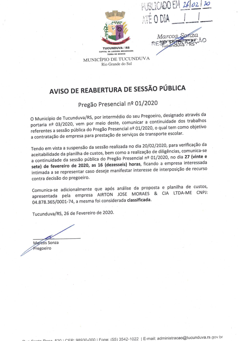 AVISO REABERT SESSÃO PÚBLICA PP Nº 01/2020 TRANSP ESCOLAR